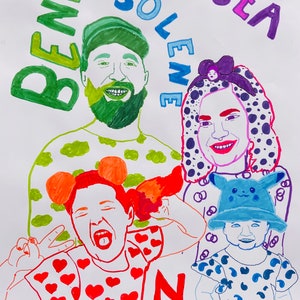 Op de afbeelding: Een kleurrijke tekening van een gezin met de namen "Benny", "Chelsea", "Solene", "Nora" en "Zora" eromheen geschreven. De tekening is gemaakt in felle kleuren, waaronder groen, blauw, paars, rood en oranje.
