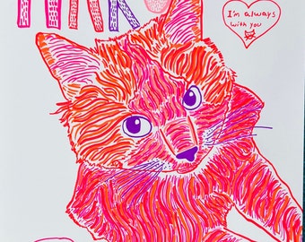 Memorial Pet-portret, uniek, op maat gemaakt, kleurrijke kattenkunst, vrolijke hondenkunst, met de hand getekend van foto, handgemaakt, ongebruikelijk, gepersonaliseerd cadeau
