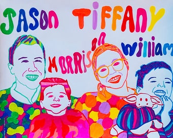Aangepast familieportret, kleurrijke, handgemaakte kunst, handgetekende, attent bedankje, gepersonaliseerd cadeau, uniek jubileum, ongewoon cadeau