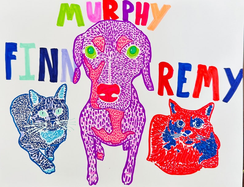 Op de afbeelding: Een handgetekend beeld van drie huisdieren: een paarse hond genaamd "Murphy", een blauwe kat genaamd "Finn" en een rode kat genaamd "Remy".