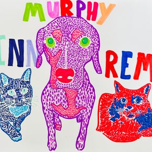 Unique Pet portrait, handmade, wildly colorful, personalized dog art, custom made cat art, hand drawn from photo, pet memorial, unusual gift