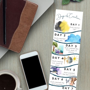 May include: A colorful illustration of the seven days of creation. Each day is represented by a watercolor painting with a corresponding animal or element. The text "Days of Creation" is at the top of the illustration. The text "Day 1" is next to a yellow and gray watercolor painting of light. The text "Day 2" is next to a blue watercolor painting of the sky. The text "Day 3" is next to a green watercolor painting of plants. The text "Day 4" is next to a yellow watercolor painting of the sun, moon, and stars. The text "Day 5" is next to a blue watercolor painting of sea animals. The text "Day 6" is next to a brown watercolor painting of land animals. The text "Day 7" is next to a white watercolor painting of a cloud with the text "God Rested".