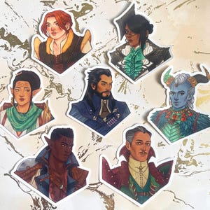 May include: Set of 7 illustrated stickers featuring diverse characters with different hairstyles, clothing, and skin tones. The stickers are printed on white, diamond-shaped backgrounds.