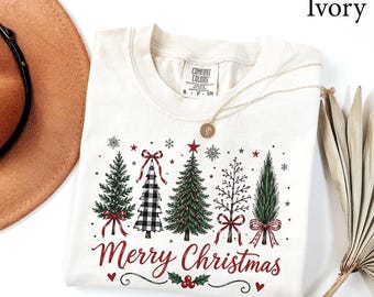 Comfort Colors® Merry Christmas Tree Shirt, Merry Christmas Sweatshirt, Christmas Gift, Family Matching Christmas Shirt, Christmas Bow Shirt