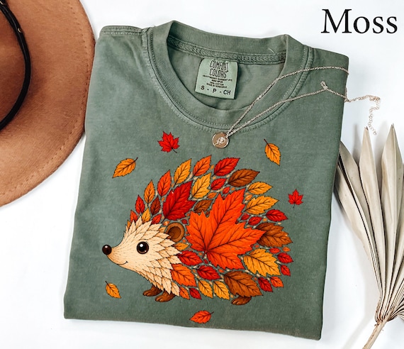 Comfort Colors® Fall Hedgehog Shirt, Cute fall Leaves Shirt, Fall Season Shirt, Womens Fall Gift, Fall Leaf Graphic Tee, Autumn Animal Shirt