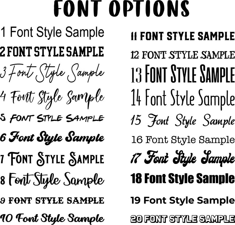 Pu&ograve; includere: Un grafico di 20 diversi stili di font, etichettati con i numeri da 1 a 20. Ogni stile di font &egrave; mostrato come un esempio del testo "Font Style Sample".