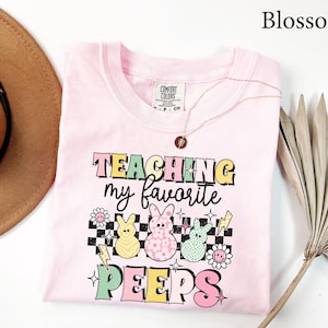 May include: A light pink t-shirt with the text "Teaching my favorite PEEPS" in colorful letters. The shirt features cartoon bunnies, flowers, and lightning bolts. A gold necklace with a pendant is draped on the shirt.
