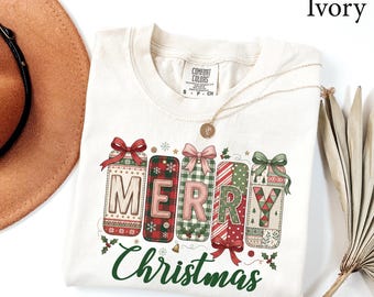 Comfort Colors®Patchwork Merry Christmas Shirt, Merry Christmas Bow Shirt, Mom Christmas Gift, Christmas Sweatshirt, Womens Christmas Shirt