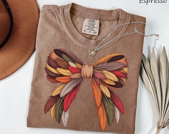 Comfort Colors® Fall Feather Bow Shirt, Cozy Autumn Turkey Shirt, Thanksgiving gift, Fall Vibes Shirt, Womens Fall Gift, Cute Fall Bow Shirt