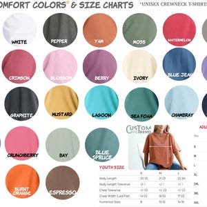 The image is a color and size chart for "UNIX CREWNEcks T-SHIRTS". It displays a variety of colors and sizes, including black, white, pepper, yam, moss, watermelon, grey, light green, cr Crispberry, blue jeans, orchid, graphite, mustard, lavender, violet, orchid, grapefruit, mustard, sea foam, chambray, true navy, custom chic, and youth. The chart provides size information for each color, ranging from small to large, and includes a section for "Youth Size".