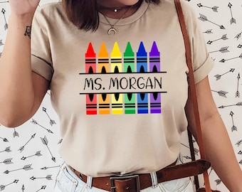 Customized Teacher Shirt, Back to School Shirt Kindergarten Teaching Shirt Personalized Name Teacher Shirt Crayon Teacher Shirt Teacher Gift