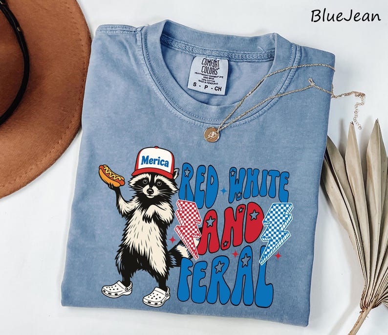 Comfort Colors® Red White and Feral Shirt, Patriotic Funny Raccoon Shirt, 4th of July Shirt, Hotdog Shirt, Funny USA Shirt, Merica Shirt image 1
