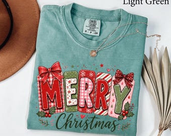 Comfort Colors® Merry Christmas Bow Shirt, Womens Christmas Shirt, Merry and Bright Shirt, Holiday Sweatshirt, Cute Family Christmas Gift