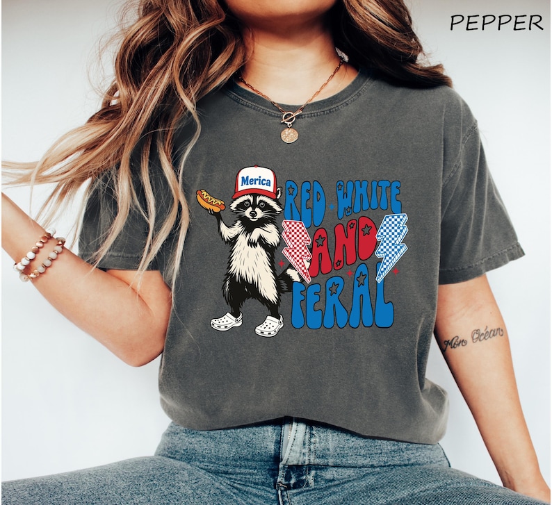Comfort Colors® Red White and Feral Shirt, Patriotic Funny Raccoon Shirt, 4th of July Shirt, Hotdog Shirt, Funny USA Shirt, Merica Shirt image 3