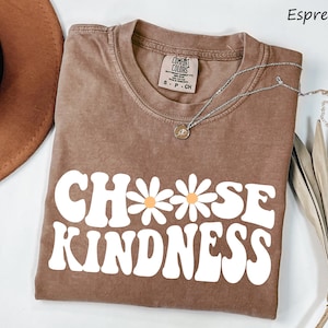 May include: Espresso-colored t-shirt with the words "CHOOSE KINDNESS" in white, daisy accents. The shirt has a crew neck and short sleeves. A silver necklace with a pendant is draped across the shirt.