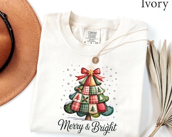 Comfort Colors® Patchwork Christmas Tree Shirt, Merry And Bright Shirt, Family Christmas Gift, Christmas Sweatshirt, Womens Christmas Shirt