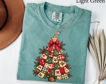 Comfort Colors® Patchwork Christmas Tree Shirt, Merry And Bright Shirt, Family Christmas Gift, Christmas Sweatshirt, Womens Christmas Shirt