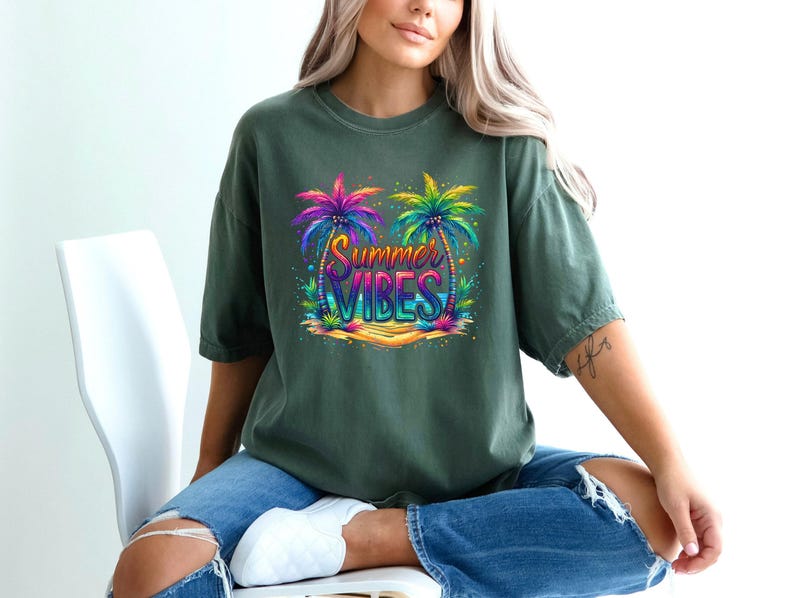 Camiseta Comfort Colors® Summer Vibes, Camiseta de verano a la moda, Camiseta para vacaciones, Camiseta retro de verano, Camiseta para vacaciones de verano, Ambiente playero, Regalo de verano imagen 5