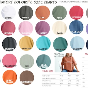 May include: A color chart for Comfort Colors unisex crewneck t-shirts featuring twenty-eight circular color swatches labeled with names like Black, White, Pepper, Yam, Moss, Watermelon, Grey, Crimson, Blossom, Berry, Ivory, Blue Jean, Violet, and others.