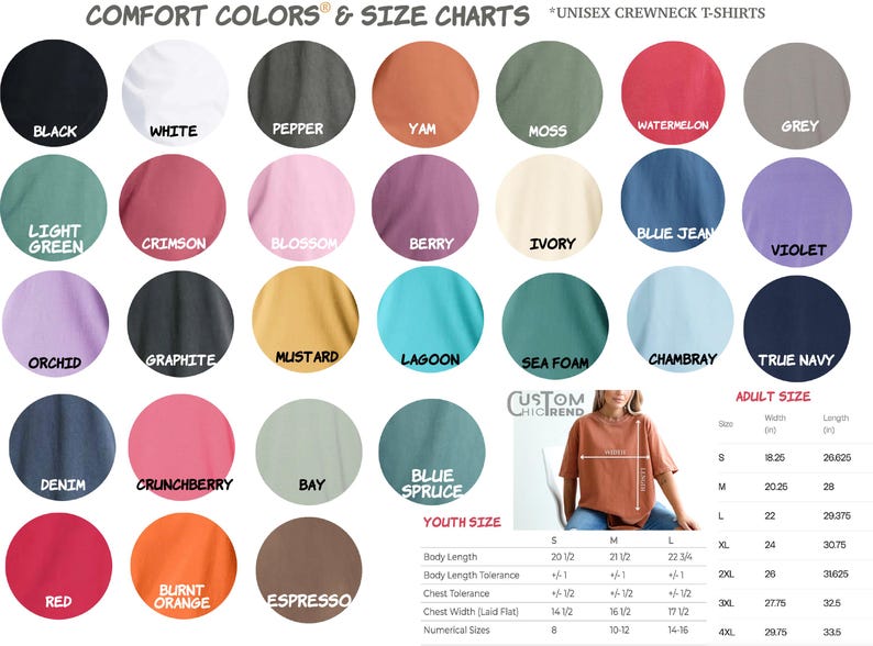 May include: A color chart for Comfort Colors unisex crewneck t-shirts featuring twenty-eight circular color swatches labeled with names like Black, White, Pepper, Yam, Moss, Watermelon, Grey, Crimson, Blossom, Berry, Ivory, Blue Jean, Violet, and others.