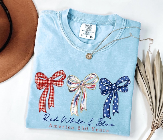 Comfort Colors® Red White & Blue America 250th Anniversary Shirt, Independence Day Shirt, Patriotic Bow Shirt, Coquette 4th Of July Gift