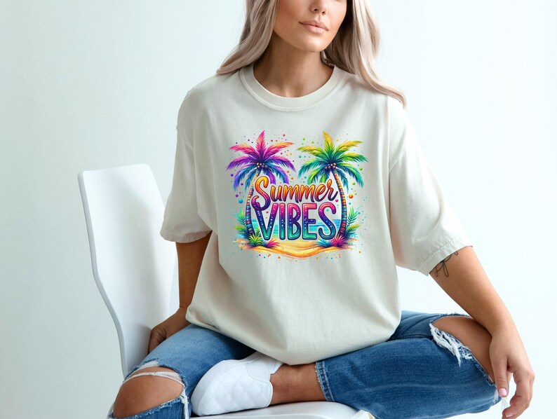 Camiseta Comfort Colors® Summer Vibes, Camiseta de verano a la moda, Camiseta para vacaciones, Camiseta retro de verano, Camiseta para vacaciones de verano, Ambiente playero, Regalo de verano imagen 3