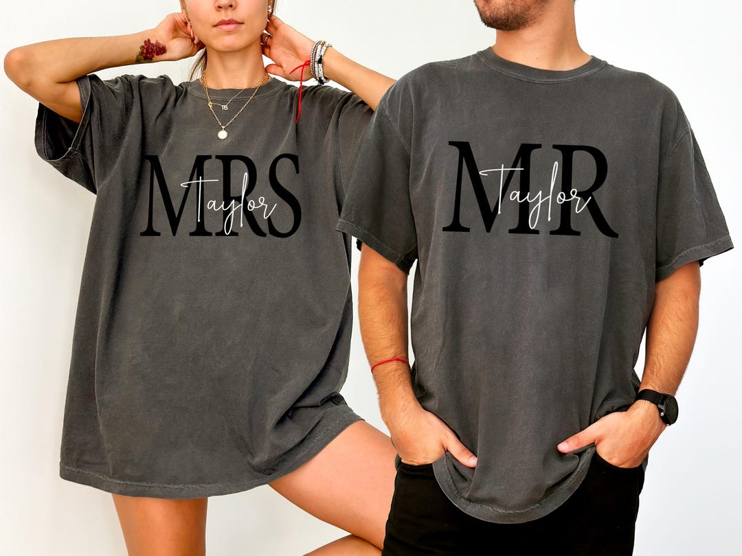 Comfort Colors® Personalized Mr & Mrs Family Name Shirt, Valentines gift, Wedding Gifts, Custom Wifey Hubby Shirt, Anniversary Couple gift - Comfort Colors® Short Sleeve Shirt / L, Moss