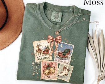 Comfort Colors® Christmas Stamp Coquette Shirt, Womens Christmas Shirt, Christmas Postal Stamp Shirt, Holiday Sweatshirt,Cute Christmas Gift