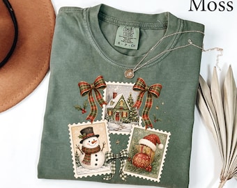 Comfort Colors® Christmas Postal Stamp Shirt, Coquette Christmas Stamp Shirt, Family Christmas Gift, Womens Christmas,  Holiday Sweatshirt