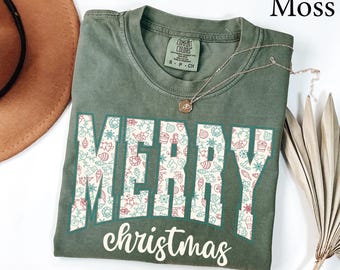 Comfort Colors® Retro Merry Christmas Shirt, Womens Christmas Shirt, Merry and Bright Shirt, Holiday Shirt, Cute Christmas Gift, Xmas Vibes