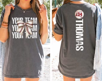 Comfort Colors® Custom Baseball Bow Shirt, Your Text Baseball Shirt, Personalized Baseball Team Shirt, Baseball Gift Tee,  Mama Gift Shirt