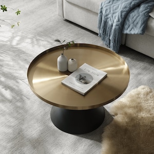 Lloyd Round Tray Top Coffee Table Brushed Gold | Black Metal Cone Base | Mid Century | Living Furniture | Modern | Cocktail | Centre | Metal
