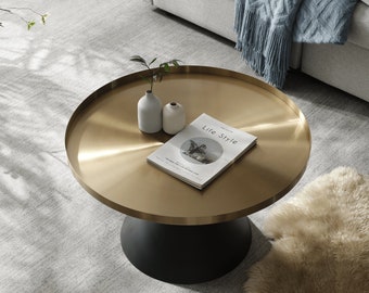 Lloyd Round Tray Top Coffee Table Brushed Gold | Black Metal Cone Base | Mid Century | Living Furniture | Modern | Cocktail | Centre | Metal