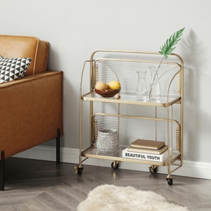 SeekandRamble Bar Trolley Gatsby Fluted Glass Bar Cart - Storage Trolley Gold