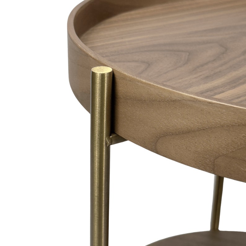 Cleo 40cm Round Side Table Gold Legs With Storage Shelf Walnut End Table Mid Century Living