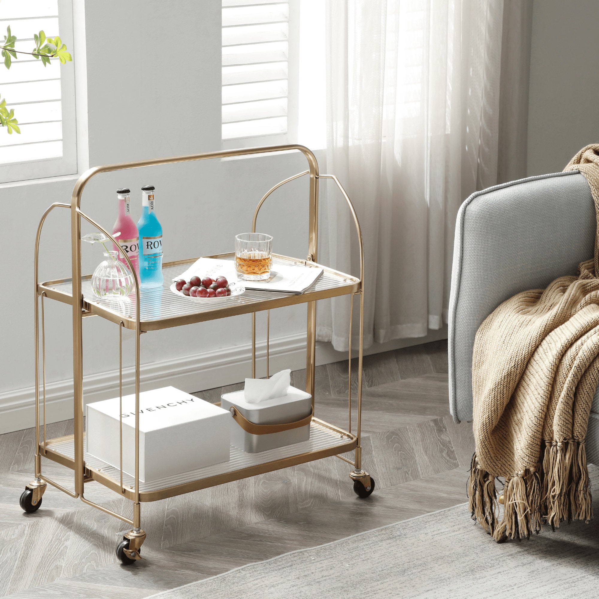 Gatsby Gold Bar Cart Fluted Glass Foldable Trolley Storage Art Deco Mid