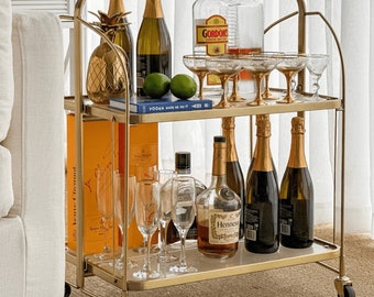 Gatsby Gold Bar Cart | Fluted Glass | Foldable Trolley | Storage | Art Deco | Mid Century | Modern End Table | Drinks Cart | Tea Trolley