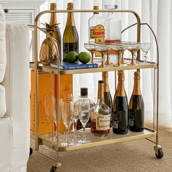 Gatsby Gold Bar Cart | Fluted Glass | Foldable Trolley | Storage | Art Deco | Mid Century | Modern End Table | Drinks Cart | Tea Trolley