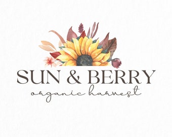 Premade Logo • Autumn Flowers Logo • Floral Logo • Boho Logo • Purple Sunflowers Logo • Fall Logo • Watercolor Design • Branding Packages