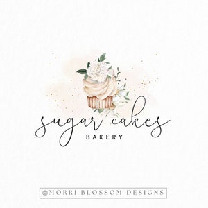 Premade Logo • Cupcake Logo • Floral Cup Cake Logo • White Flowers • Bakery Baker Logo • Dessert Logo • Watercolor Logo • Branding Packages