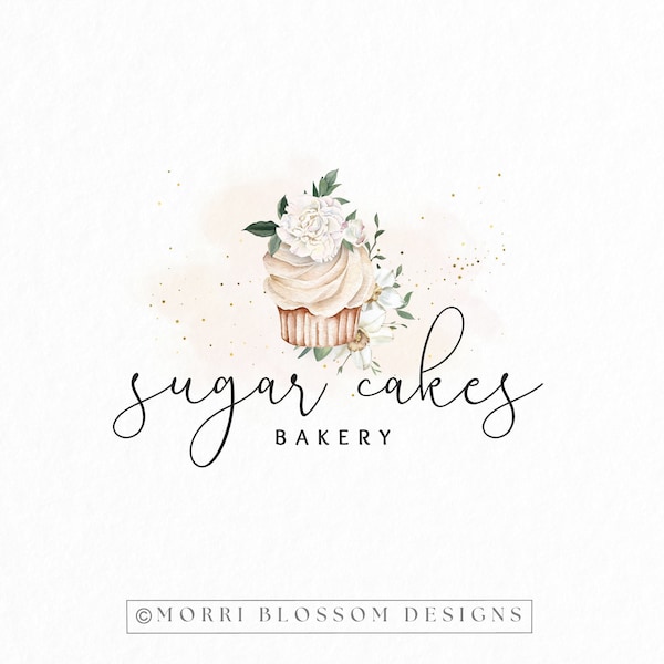 Premade Logo • Cupcake Logo • Floral Cup Cake Logo • White Flowers • Bakery Baker Logo • Dessert Logo • Watercolor Logo • Branding Packages