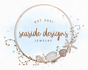 Premade Logo • Ocean Watercolor Logo • Seashells Logo • Blue, Gold & Bronze • Nautical Logo • Maritime Logo • Beach Logo • Branding Packages