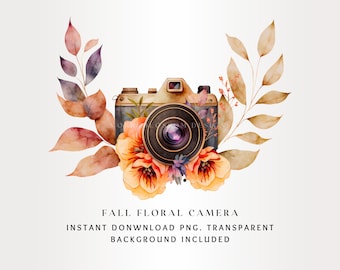 Vintage Watercolor Fall Floral Camera Digital Art | Instant Download High-Quality PNG Clipart