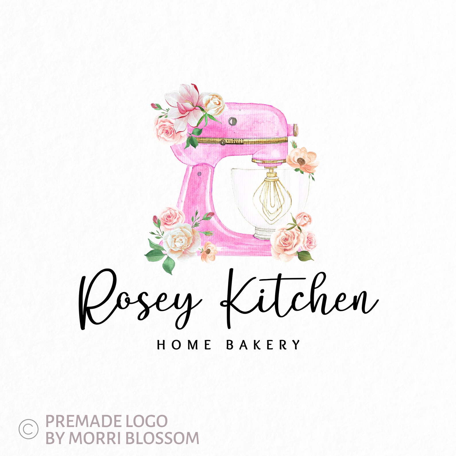 Premade Logo Pink Cake Mixer Logo Yellow Roses Baker Etsy