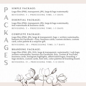 May include: A graphic design services package description with four options: Simple, Essential, Complete, and Branding. Each package includes different logo file types, revisions, and processing times. The image features a floral illustration at the bottom.