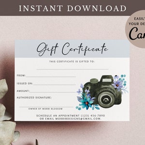 Gift Certificate • Photography Gift Card • Canva Template • Photo Shoot Voucher • Photo Session Card • Watercolor Camera • Customizable