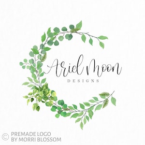 Premade Logo • Foliage Moon Logo • Crescent Wreath Logo • Greenery Logo • Foliage Leaves Logo • Watercolor Designs • Branding Packages