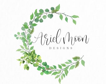 Premade Logo • Foliage Moon Logo • Crescent Wreath Logo • Greenery Logo • Foliage Leaves Logo • Watercolor Designs • Branding Packages