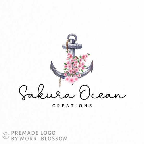 Premade Logo • Pink Cherry Blossom Anchor Logo • Floral Boho Logo • Sea Ocean Logo • Nautical Logo • Watercolor Design • Branding Packages