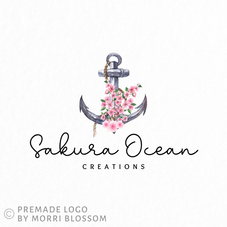 Premade Logo Pink Cherry Blossom Anchor Logo Floral Boho Logo Sea Ocean Logo Nautical Logo Watercolor Design Branding Packages image 1